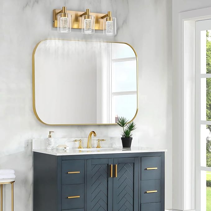 SineRise Vanity Light with 3 Color Modes (3000K/4000K/6000K), Eye Protection LED Bathroom Light Fixture, Dimmable Modern Wall Light Over Mirror with Clear Glass Shade (Gold, 3-Light)