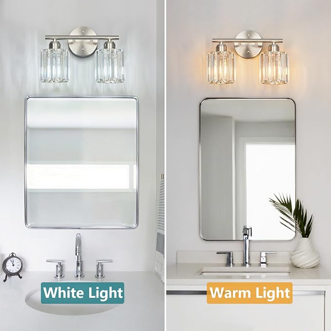 Modern 2 Light Crystal Vanity Light, Brushed Nickel Vertical Bathroom Light Fixture Over Mirror for Dressing Table Sink, Compatible with Dimmable Bulbs (Bulbs Not Included)