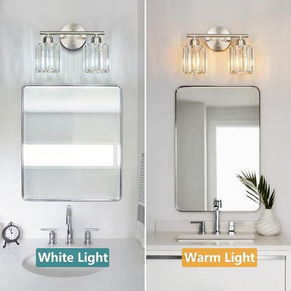 Modern 2 Light Crystal Vanity Light, Brushed Nickel Vertical Bathroom Light Fixture Over Mirror for Dressing Table Sink, Compatible with Dimmable Bulbs (Bulbs Not Included)