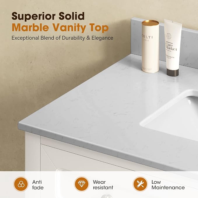 36 Inch Bathroom Vanity with Sink, White, 2 Pack | Solid Wood Bathroom Cabinet with Marble Countertop & Backsplash, Soft Closing 2 Doors & Drawer