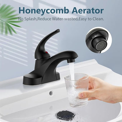 Aolemi Bathroom Faucets Arc 4 Inch Centerset Bathroom Sink Faucet Single Handle Vanity Faucet with Supply Lines,with Pop Up Drain Assembly,Matte Black
