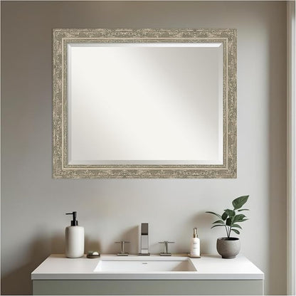 Amanti Art Silver Bathroom Mirror for Over Sink, 26x32 Filigree Silver Rectangle Vanity Mirror, Large Traditional Frame, Hangs Horizonally and Vertically, Bathroom Wall Decor, Beveled Edge