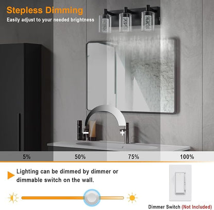 SineRise Vanity Light with 3 Color Modes (3000K/4000K/6000K), Eye Protection LED Bathroom Light Fixture, Dimmable Modern Wall Light Over Mirror with Clear Glass Shade (Black, 3-Light)