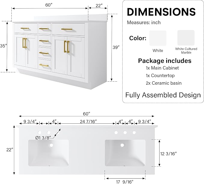 60-Inch Bathroom Vanity with Double Sinks W/ 4 Doors & 4 Drawers & 2 Flip Drawers, White Vanity W/Brushed Gold Handles
