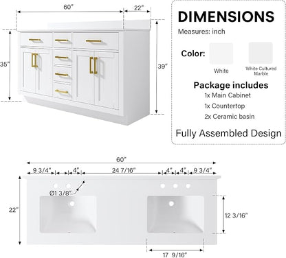 60-Inch Bathroom Vanity with Double Sinks W/ 4 Doors & 4 Drawers & 2 Flip Drawers, White Vanity W/Brushed Gold Handles