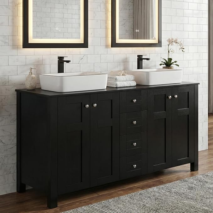 48'' Bathroom Vanity with Sink, Modern Bathroom Cabinet Black | 4 Soft-Close Cabinet Doors, 4 Drawers, 4-Tier Inner Shelf, Freestanding Large Storage Cabinet, Two White Ceramic Vessel Sinks