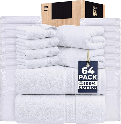 Utopia Towels Set, 16 Bath Towels, 16 Hand Towels, and 32 Washcloths, 600 GSM Ring Spun Cotton Highly Absorbent Towels for Bathroom, Shower Towel, (Pack of 64) (White)