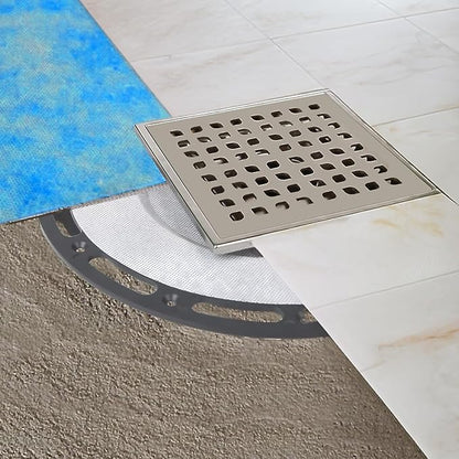 6-Inch Square Shower Drain Kit with Bonding Flange, Brushed Silver | Removable 304 stainless steel grate with hair strainer; fits 2- and 3-inch pipes for tiled shower floors and wet areas