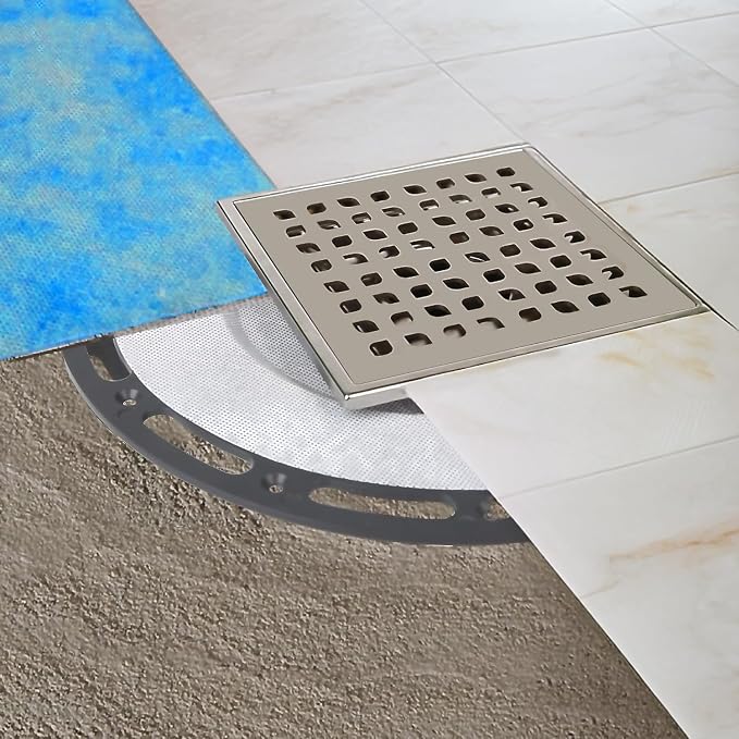 4-Inch Square Shower Drain Kit with Bonding Flange, Brushed Silver | Removable 304 stainless steel grate with hair strainer; fits 2- and 3-inch pipes for tiled shower floors and wet areas