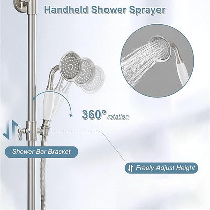 BWE Exposed Bathroom Shower Faucet Set Brushed Nickel Bathroom Shower Faucet Triple Functions 8 Inch Rainfall Shower Head Handheld Spray with Tub Spout Exposed Shower System Double Handle