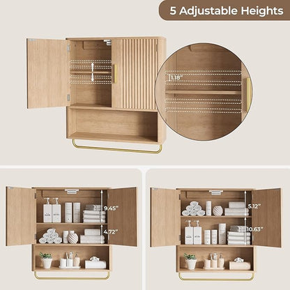 Bathroom Cabinet Wall Mount with Fluted Door Panel & Adjustable Shelf, Medicine Cabinet with Open Partition and Towel Bar, Wall Storage Cabinet for Laundry Room & Kitchen (Natural Oak)