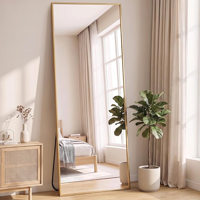 NEWBULIG Full Length Floor Mirror 68"x26", Body Standing Mirror | Wall Hanging or Leaning, Shatter-Proof Glass, Aluminum Alloy Frame with Stand, Home Decor Bedroom, Gold