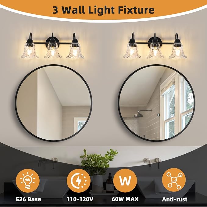 Bathroom Light Fixtures over Mirror, 3 Lights Vintage Wall Sconces with Hammered Glass Shade, 19.3" Matte Black Farmhouse Bathroom Wall Light Fixtures for Bedroom, Porch, Hotel, Mirror Cabinet