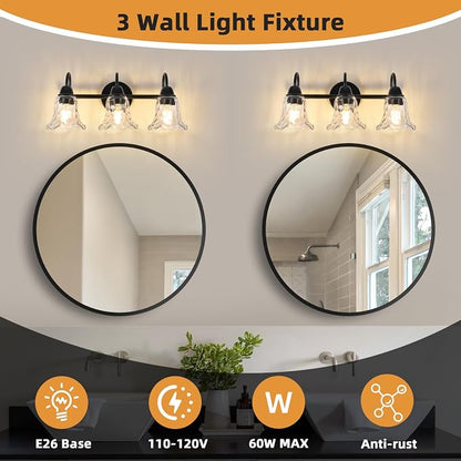 Bathroom Light Fixtures over Mirror, 3 Lights Vintage Wall Sconces with Hammered Glass Shade, 19.3" Matte Black Farmhouse Bathroom Wall Light Fixtures for Bedroom, Porch, Hotel, Mirror Cabinet