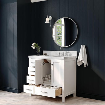 ARIEL Cambridge 36-inch Bathroom Vanity with Sink,Solid Wood, 1.5-inch Italian Carrara Marble Countertop, Single Rectangular Porcelain Sink, 2 Soft Closing Doors, 5 Dovetail Drawers, White