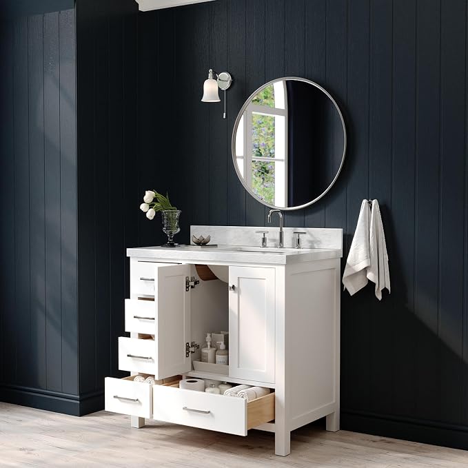 ARIEL Cambridge 36-inch Bathroom Vanity with Sink,Solid Wood, 1.5-inch Italian Carrara Marble Countertop, Single Rectangular Porcelain Sink, 2 Soft Closing Doors, 5 Dovetail Drawers, White