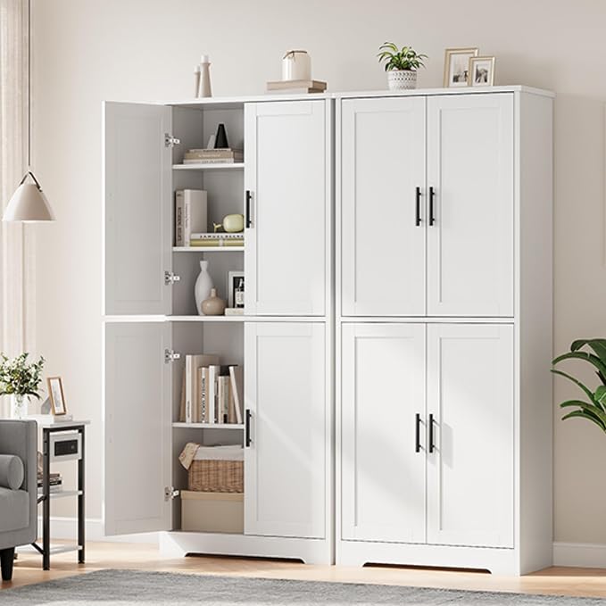 IDEALHOUSE Pantry Cabinet,70" Tall Kitchen Pantry Cabinet with 4 Doors and 3 Adjustable Shelves, Freestanding Cupboard, Modern Storage Cabinet for Bathroom, Dining Room, Living Room (White)