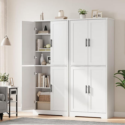IDEALHOUSE Pantry Cabinet,70" Tall Kitchen Pantry Cabinet with 4 Doors and 3 Adjustable Shelves, Freestanding Cupboard, Modern Storage Cabinet for Bathroom, Dining Room, Living Room (White)