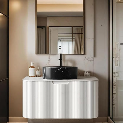 30" Floating Bathroom Vanity with Sink, Wall-Mounted Bathroom Cabinet with Ultra-Thin Black Stone Pattern Ceramic Basin and Marble Top, Extra Large Storage Drawer, Soft-Close Design, White
