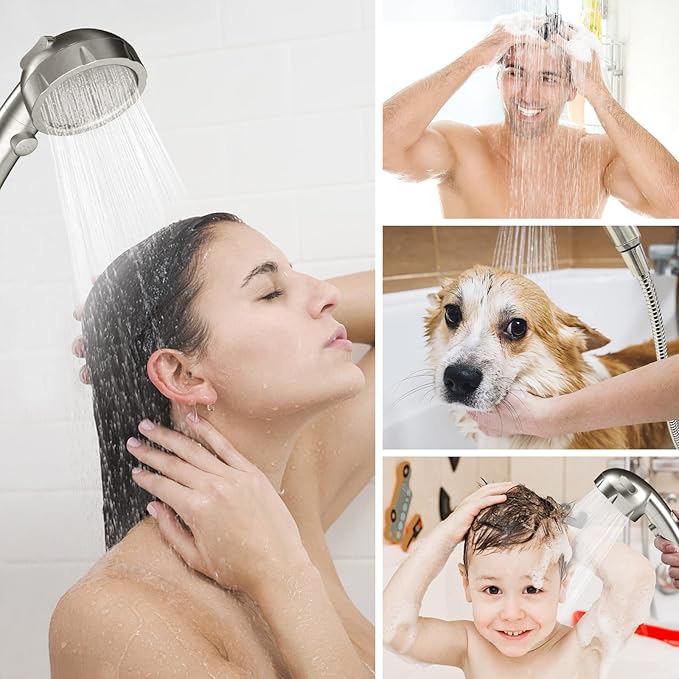 HANLIAN On/Off High Pressure Handheld Shower Head for RV Camper | 3 Spray Modes Shower Head with Pause Button, Water Saving Shower Head with Hose and Self-adhesive Holder(Brushed Nickel)
