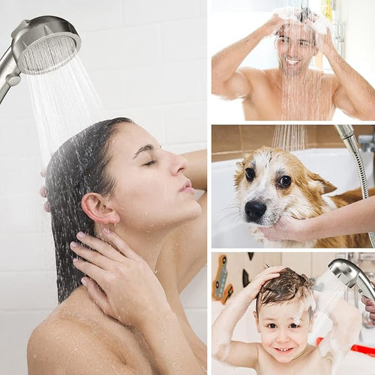 HANLIAN On/Off High Pressure Handheld Shower Head for RV Camper | 3 Spray Modes Shower Head with Pause Button, Water Saving Shower Head with Hose and Self-adhesive Holder(Brushed Nickel)