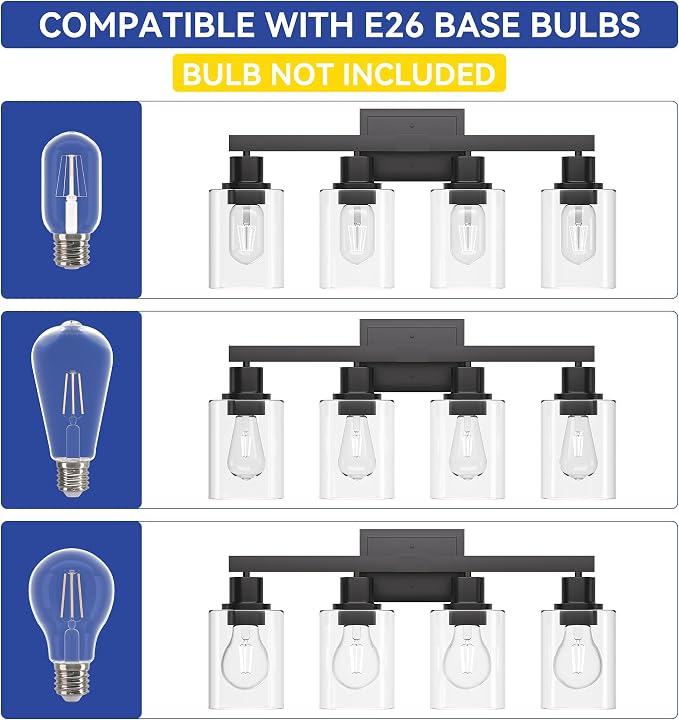 Hasipu Modern Bathroom Light Fixtures, 4 Light Black Vanity Lights | HD Clear Round Glass Shade, Durable Metal, Standard E26 Socket, Easy Installation, Farmhouse Bathroom Lighting