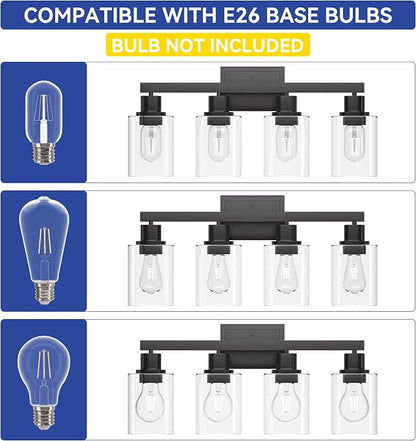 Hasipu Modern Bathroom Light Fixtures, 4 Light Black Vanity Lights | HD Clear Round Glass Shade, Durable Metal, Standard E26 Socket, Easy Installation, Farmhouse Bathroom Lighting