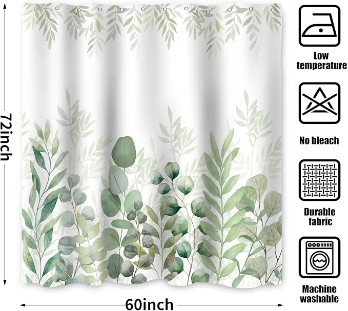 Green Eucalyptus Shower Curtain, Leaf Plant Herbs Spring Nature Waterproof Fabric Machine Washable with Hooks for Bathroom Bathtub 60Wx72H