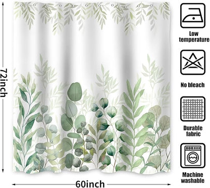 Green Eucalyptus Shower Curtain, Leaf Plant Herbs Spring Nature Waterproof Fabric Machine Washable with Hooks for Bathroom Bathtub 60Wx72H