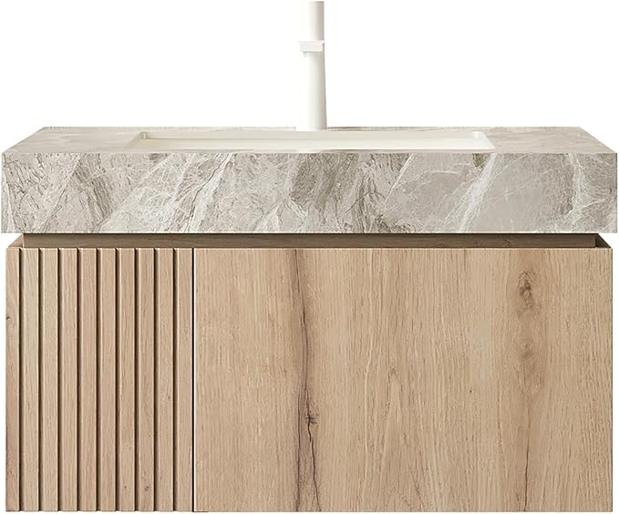 KEIKI 30 Inch Floating Bathroom Vanity with Sink, Modern Wall Mounted Storage Cabinet with Drawer, Pre-Assembled Waterproof Wood Panels, Sintered Stone Top & Ceramic Basin Combo Set, White Oak & Grey