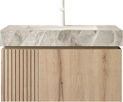KEIKI 30 Inch Floating Bathroom Vanity with Sink, Modern Wall Mounted Storage Cabinet with Drawer, Pre-Assembled Waterproof Wood Panels, Sintered Stone Top & Ceramic Basin Combo Set, White Oak & Grey