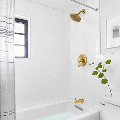 Brushed Gold Shower Tub Faucet Set With Valve - Gold Shower Head and Handle Set, Shower Faucet Set With 6 Inch Rain shower Head and Tub Spout, High-Pressure Tub Shower Trim Kit