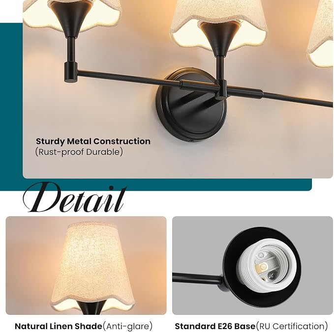 Modern Bathroom Vanity Light Fixtures: Matte Black Vanity Lights Over Mirror with Flared Fabric Shade, Farmhouse Bathroom Lighting Fixtures, 4 Light Wall Sconces Lights for Bedroom Hallway Living Room