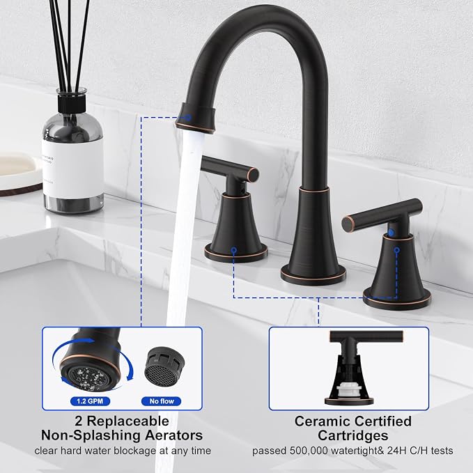 Bathroom Faucet 3 Hole, ORB Faucets with Pop-up Drain and Supply Lines | Hurran Stainless Steel Lead-Free Widespread Bathroom Sink Faucet for Vanity RV Restroom Laundry Outdoor Utility Sink