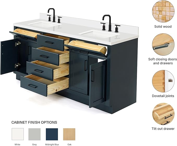 ARIEL Hepburn 72-inch Bathroom Vanity with Sink,Solid Wood, 1.5-inch Pure White Quartz Countertop, Double Rectangular Porcelain Sink, 4 Soft Closing Doors, 6 Dovetail Drawers, Midnight Blue