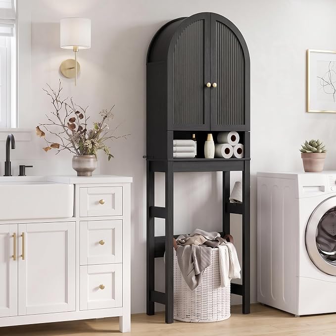 HMstone Over The Toilet Storage Cabinet, Arched Bathroom Organizer and Storage with Doors and Adjustable Shelf, Space-Saving Freestanding Bathroom Modern Storage Cabinet Over Toilet (Black)
