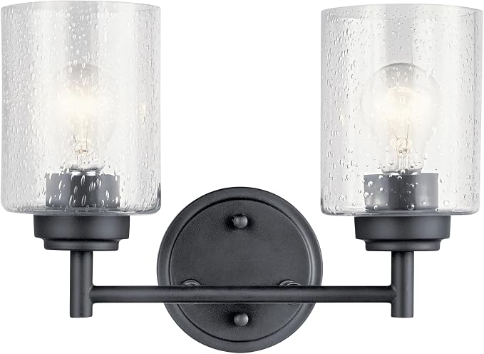 Kichler Winslow 2-Light Farmhouse Vanity Light, Black | Clear seeded glass vanity light with industrial styling (12.75" x 9.25" x 6.5"), 45885BK