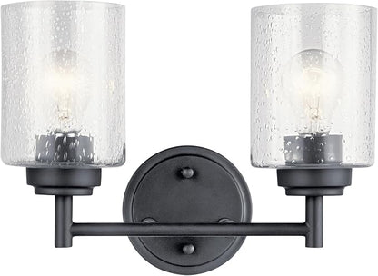 Kichler Winslow 2-Light Farmhouse Vanity Light, Black | Clear seeded glass vanity light with industrial styling (12.75" x 9.25" x 6.5"), 45885BK
