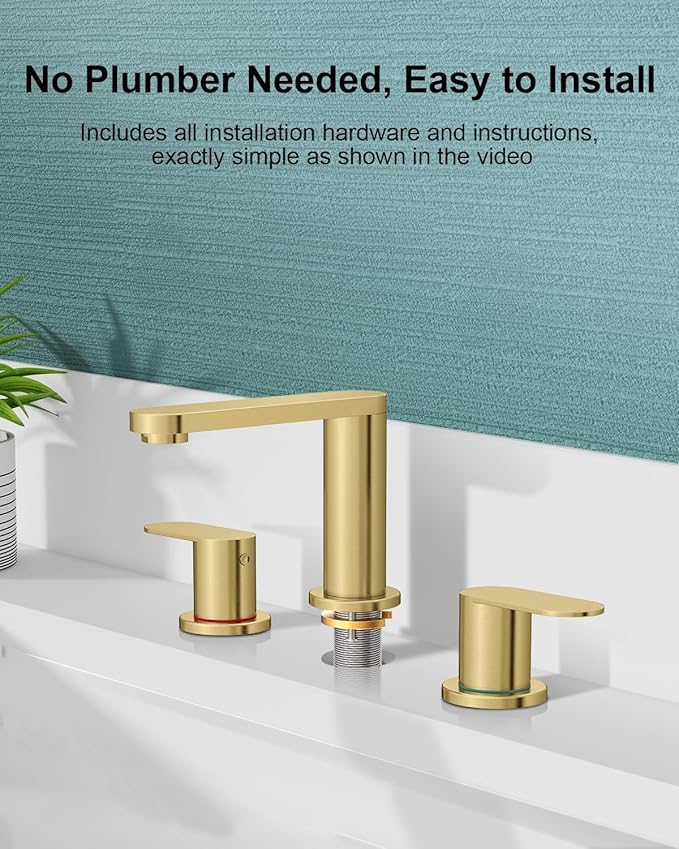 BWE Brushed Gold Bathroom Faucet 3 Hole, 8 Inch Widespread Gold Bathroom Faucets with Pop-up Drain and Supply Lines, 360° Swivel Spout 2-Handle Sink Faucet for Bath Vanity