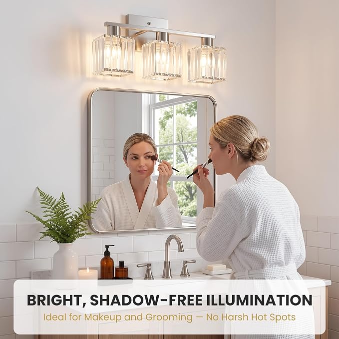 Crystal Bathroom Light Fixtures, 3-Light Brushed Nickel, Vanity Lights for Bathroom Over Mirror, Modern Bath Wall Sconce for Mirror Bedroom Living Room