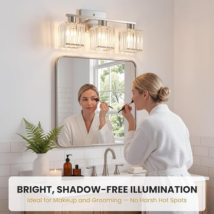 Crystal Bathroom Light Fixtures, 3-Light Brushed Nickel, Vanity Lights for Bathroom Over Mirror, Modern Bath Wall Sconce for Mirror Bedroom Living Room