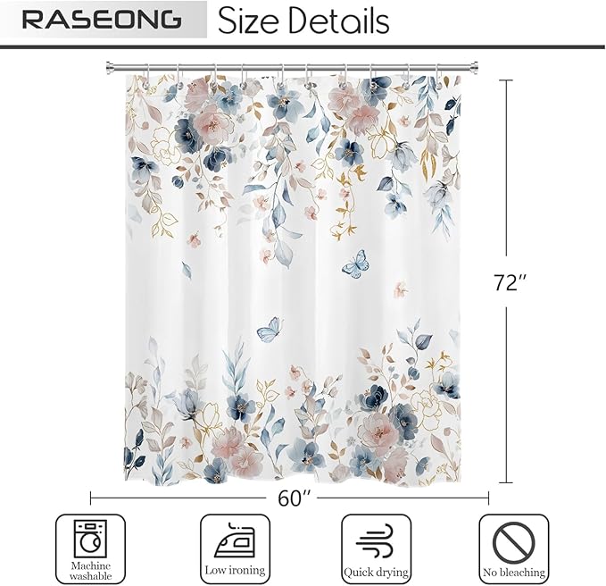 Pink Floral Butterfly Shower Curtain Blue and Gold Flower Design Country Botanical Nature Bathroom Decor with Hooks, 60 x 72 Inch