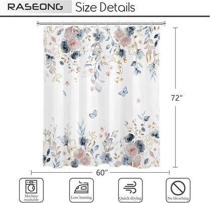 Pink Floral Butterfly Shower Curtain Blue and Gold Flower Design Country Botanical Nature Bathroom Decor with Hooks, 60 x 72 Inch