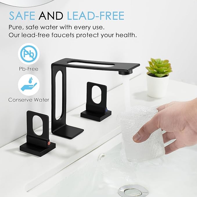 BAKALA Black Bathroom Faucet 3 Hole, 8-Inch Widespread Bathroom Sink Faucet, 2-Handle Matte Black Faucet Bathroom with Water Supply Hoses, Modern Hollowed Design