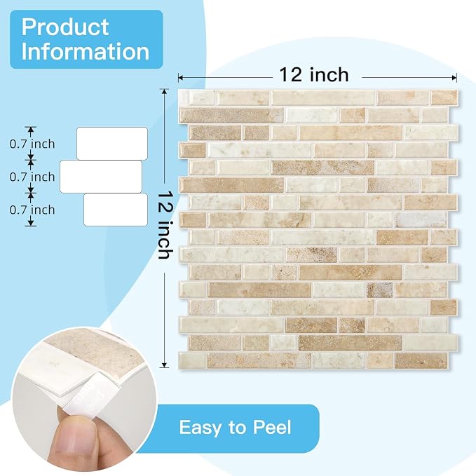 Art3d Linear Tile Peel and Stick Backsplash, 10-Pack, Eurasian Mocha Stone | 12 x 12 Inch, Enhanced Thickness, Warp Resistant, Strong Adhesion, Sturdy, for Kitchen, Bedroom, Ideal for Home Improvement