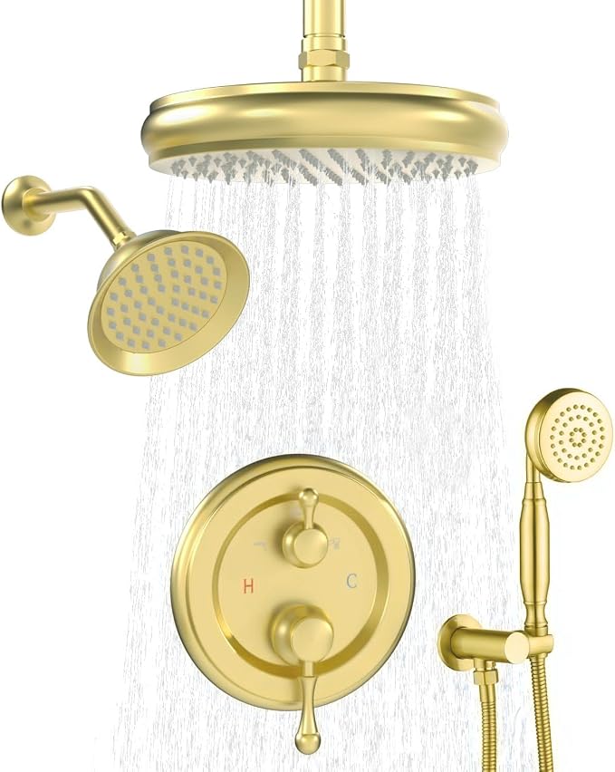 Enga Antique Dual Shower Head Faucet Set - 8" Ceiling Mount Rain Shower & 6" Wall-Mounted Vintage Rainfall + Handheld Spray Combo, Brushed Gold