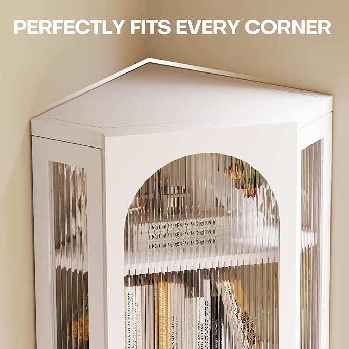 Bathroom Corner Wall Cabinet, Metal Medicine Cabinet with Glass Doors and Shelves, Hanging Corner Storage Cabinet for Bathroom, Kitchen, Laundry Room (White)