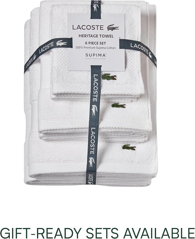 Lacoste Heritage 100% Supima Cotton Hand Towel, White, 16" x 30" – Highly Absorbent & Quick Drying, Premium Super Soft Bath Towel, Bathroom Essential, Gift for All Occasions, Machine Washable