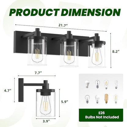 Bathroom Vanity Light, 3 Light Matte Black Vanity Light Fixture with Clear Glass Shade, 22 in Modern＆Farmhous Vanity Lights, Bathroom Light Fixtures Over Mirror for Bathrooms, Livingroom
