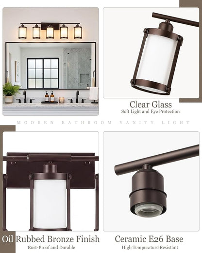 5-Light Oil Rubbed Bronze Bathroom Light Fixtures Over Mirror with Frosted Milk Glass and Metal Cage Shade, 38" UL-Listed Modern Farmhouse Wall Sconce for Bath, Hardwire E26, OS-3014ORBW-5W